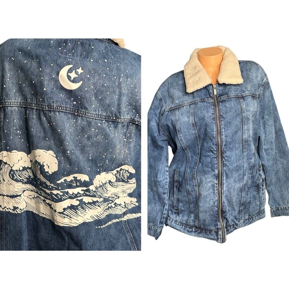 The Tubbo Moment By The Sea Denim Full Zip Jean Jacket Sherpa Collar Waves 2XL